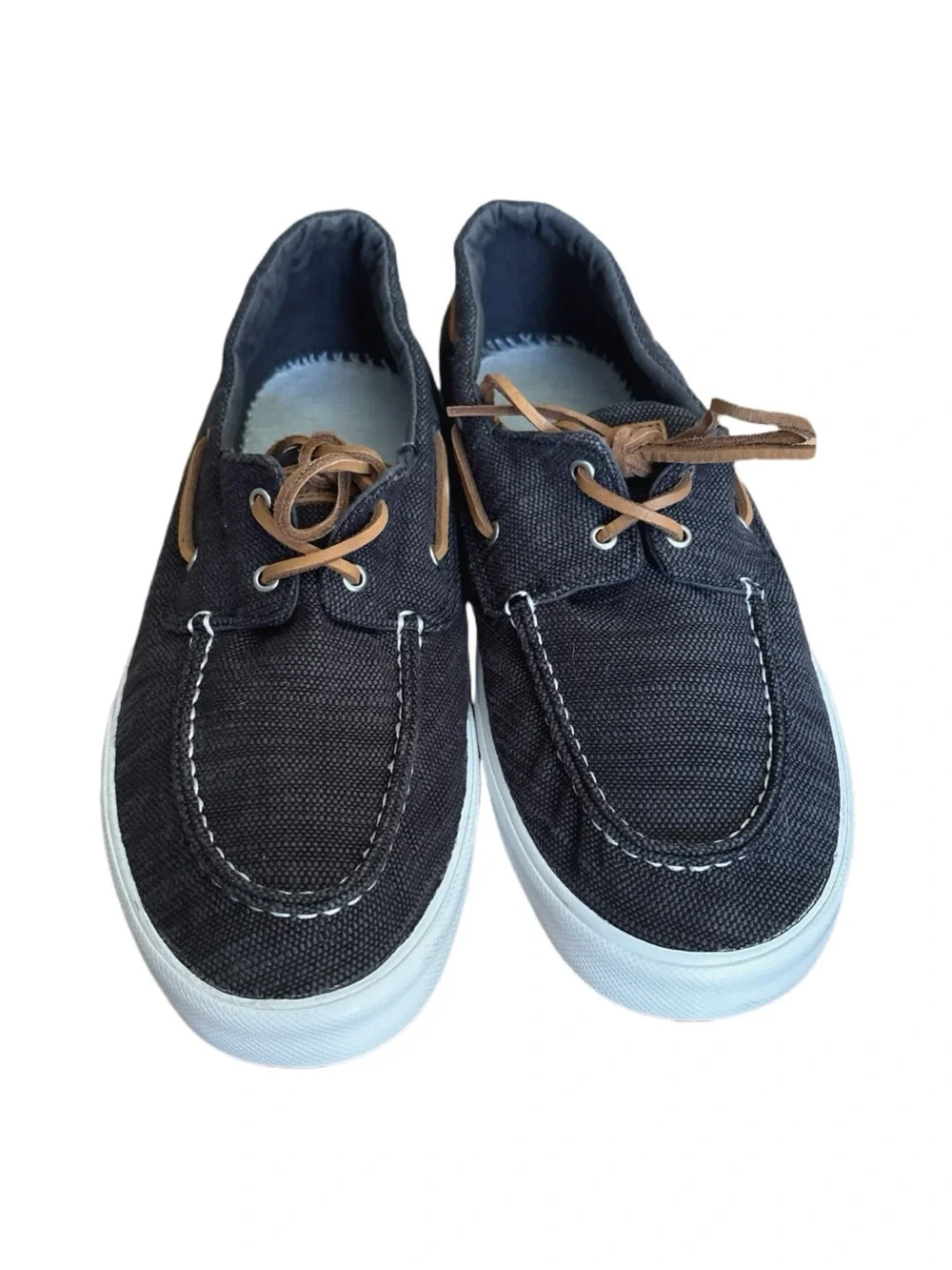 Sperry Men’s Topsider Canvas Boat Shoes Black Wash Brown Leather Laces Size 12
